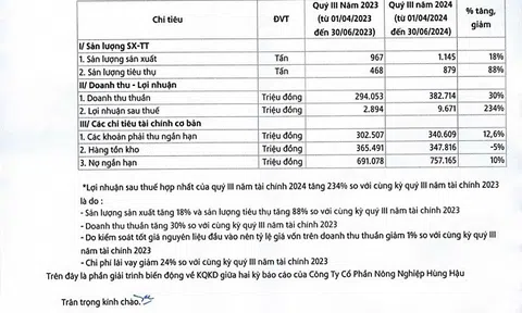 Công ty Hùng Hậu lợi nhuận quý 3/2024 tăng 234%